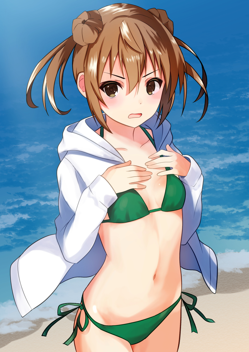 1girl absurdres beach bikini breasts brown_eyes brown_hair commentary_request cowboy_shot double_bun green_bikini hair_bun highres hood hooded_jacket hoodie ichigomaru_d jacket kantai_collection medium_hair michishio_(kancolle) side-tie_bikini_bottom small_breasts solo standing swimsuit twintails water white_hoodie white_jacket