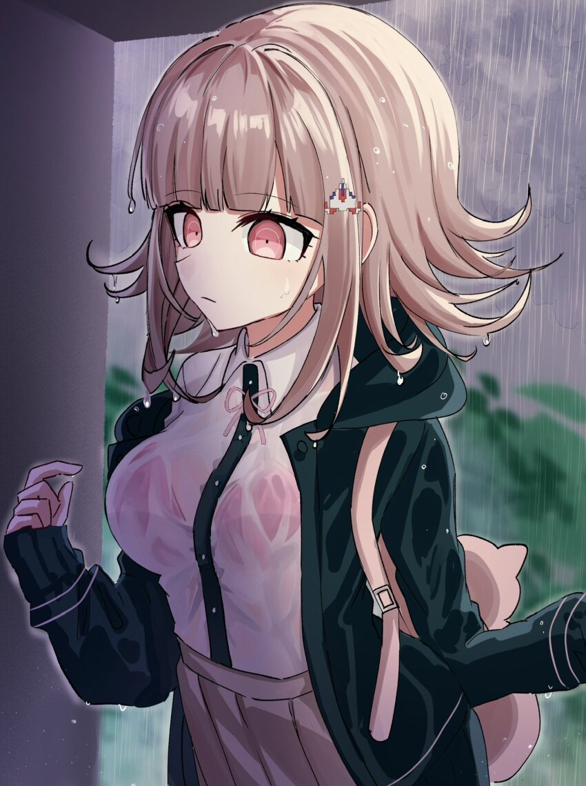 1girl animal_bag blush breasts brown_hair brown_skirt cat_bag collared_shirt danganronpa_(series) danganronpa_2:_goodbye_despair flipped_hair galaga hair_ornament highres hood jacket long_sleeves medium_hair nanami_chiaki neck_ribbon open_clothes open_jacket pink_bag pink_eyes pink_ribbon pleated_skirt ribbon rishaku_(user_cuwx8758) shirt skirt solo two-tone_shirt white_shirt