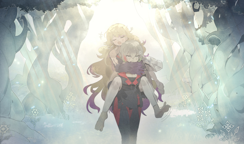 2girls anger_vein arms_around_neck barefoot blonde_hair carrying diabellstar_the_black_witch diabellze_the_original_sinkeeper duel_monster forest grey_hair highres jacket long_hair medium_hair multicolored_hair multiple_girls nature piggyback purple_hair ro_g_(oowack) streaked_hair tree unworn_jacket walking yu-gi-oh!