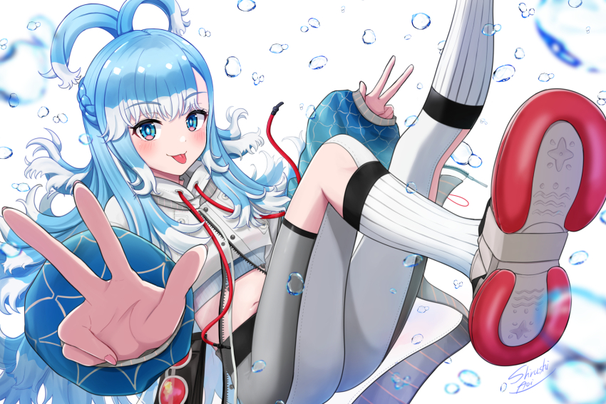 1girl blue_eyes blue_hair blush cropped_jacket double_v highres hololive hololive_indonesia jacket kobo_kanaeru kobo_kanaeru_(1st_costume) konatsu_miki long_hair looking_at_viewer multicolored_hair pants smile solo two-tone_hair v virtual_youtuber white_hair white_jacket white_pants