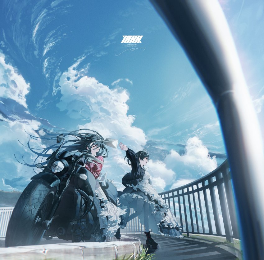 2girls absurdres black_footwear black_gloves cloud dress gloves highres maid_headdress motor_vehicle mountain multiple_girls railing rolua sky thighhighs white_thighhighs