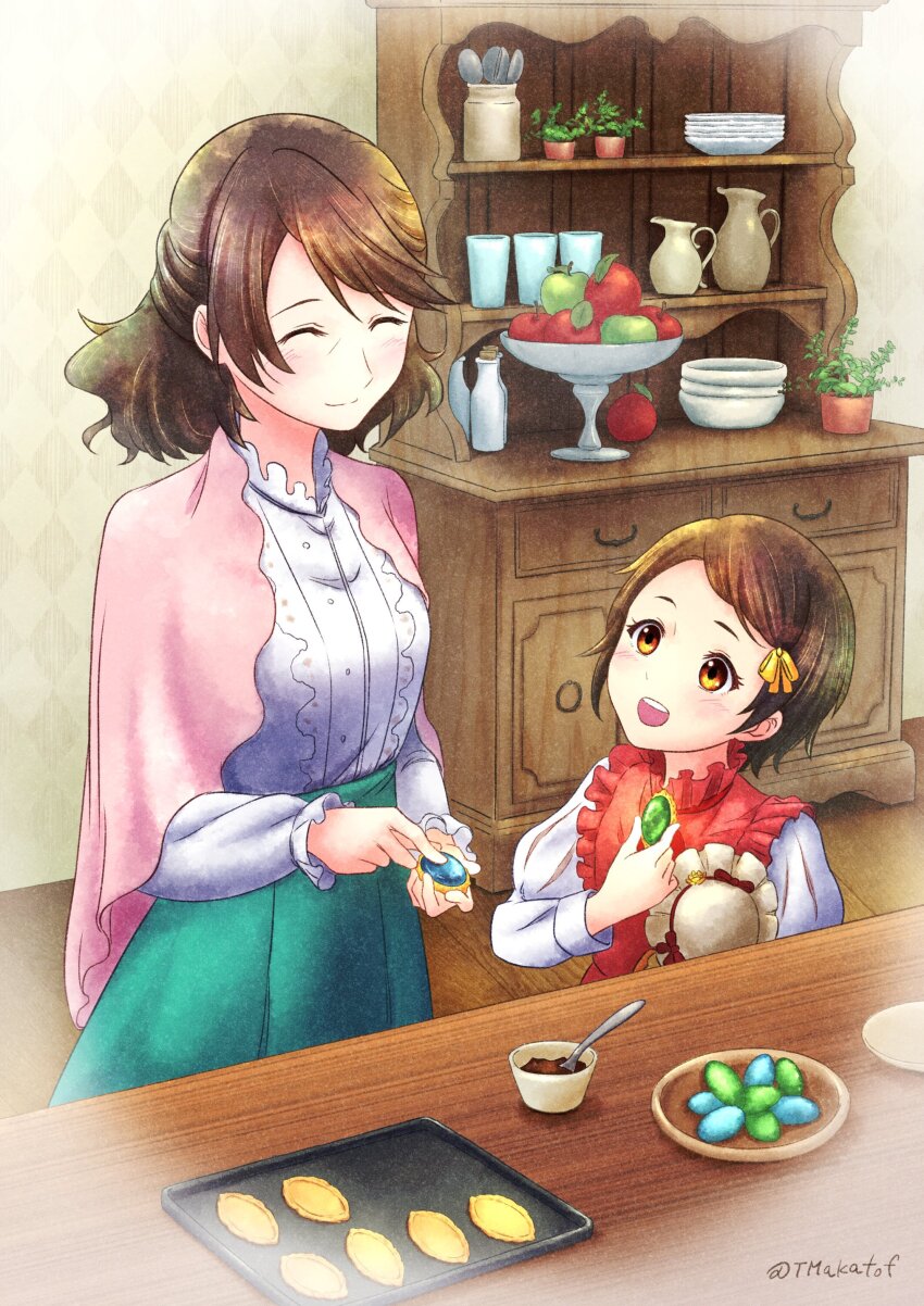 :d ^_^ absurdres ann_magnolia apple aqua_skirt baking_sheet bow brown_eyes brown_hair clara_magnolia closed_eyes commentary_request cupboard dress_shirt food frilled_shirt frills fruit fruit_bowl hair_bow happy highres juliet_sleeves light_blush long_sleeves mother_and_daughter open_mouth parted_bangs pastry pink_shawl puffy_sleeves shawl shirt short_hair skirt smile table teaspoon tmakatof violet_evergarden_(series)