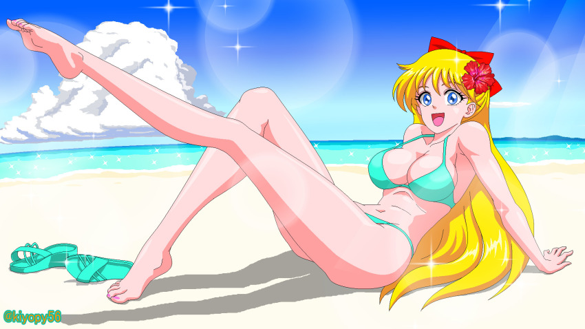 1girl aino_minako bare_legs barefoot beach bikini bishoujo_senshi_sailor_moon blonde_hair blue_eyes blue_sky breasts high_heels_removed kiyopy56 large_breasts long_hair nail_polish ocean one_eye_closed pin_up sailor_venus sky swimsuit wink