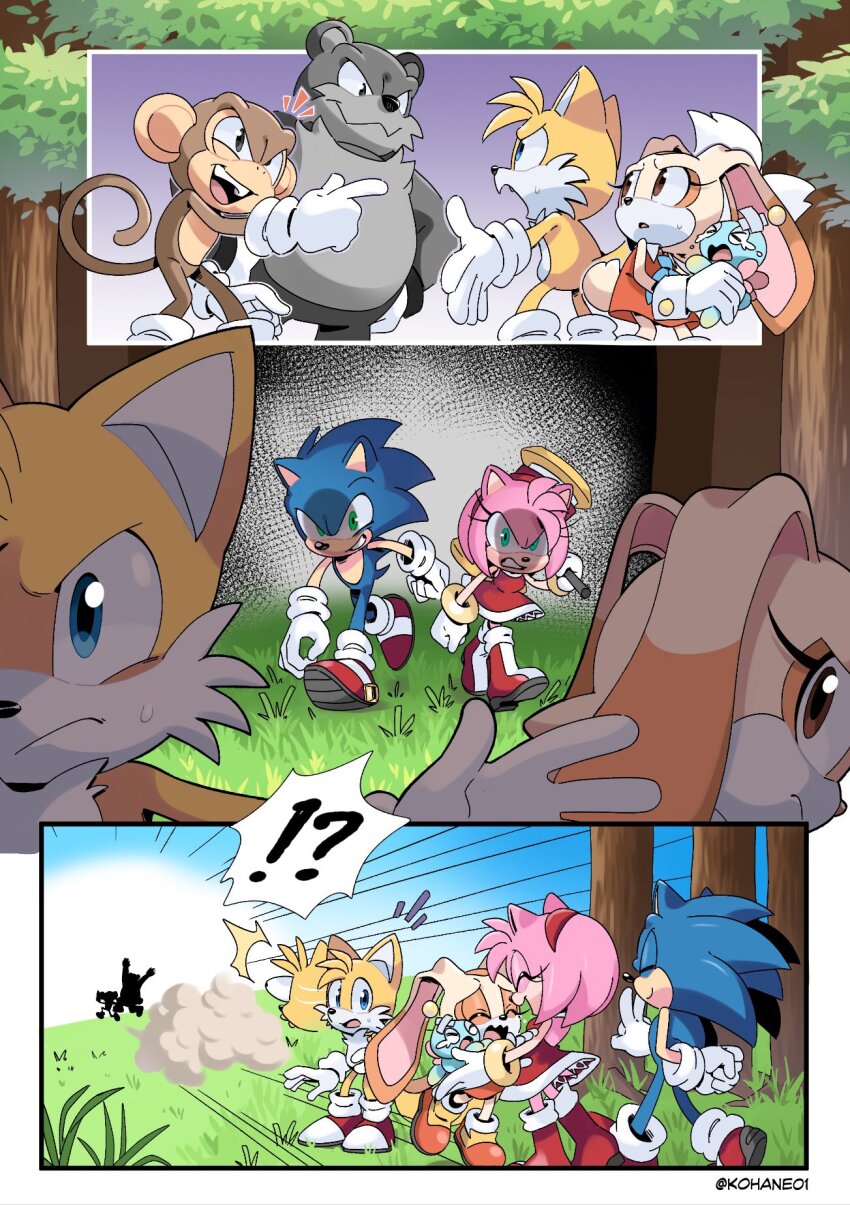 3koma amy_rose bear blue_eyes blue_fur boots brown_eyes brown_fur bullying cheese_(sonic) comic cream_the_rabbit crying dress fleeing fox gloves grass green_eyes grey_fur hammer hedgehog hug injury kohane01 long_ears menacing_face monkey multiple_tails nervous orange_fur piko_piko_hamer pink_fur protecting rabbit running scary_face scary_smile sega shoes socks sonic_(series) sonic_the_hedgehog surprised tail tails_(sonic) tree two_tails walking yellow_fur