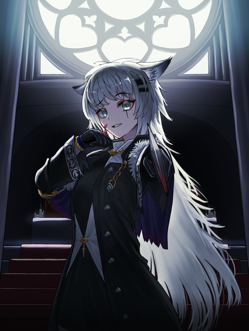 1girl absurdres animal_ears arknights black_coat black_gloves blood blood_on_face blood_on_gloves blood_on_hands coat cowboy_shot cross gloves green_eyes grey_hair hair_ornament hairclip highres holding holding_sword holding_weapon indoors kojy_2524 lappland_(arknights) lappland_(refined_horrormare)_(arknights) latin_cross long_hair long_sleeves looking_at_viewer official_alternate_costume open_clothes open_coat pointing_melee_weapon pointing_sword scar scar_across_eye solo stairs standing sword unbuttoned weapon wolf_ears wolf_girl