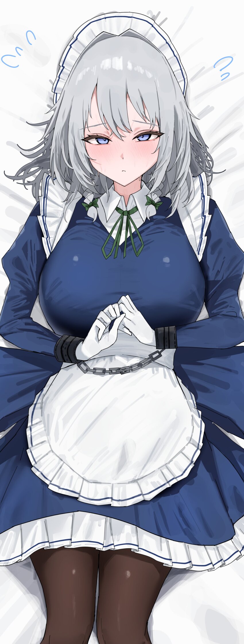 1girl 258n absurdres apron bed_sheet blue_dress blue_eyes blush braid cuffs dress frills gloves hair_between_eyes handcuffs highres izayoi_sakuya long_sleeves looking_at_viewer lying maid_apron maid_headdress medium_hair on_back pantyhose solo touhou twin_braids white_gloves white_hair