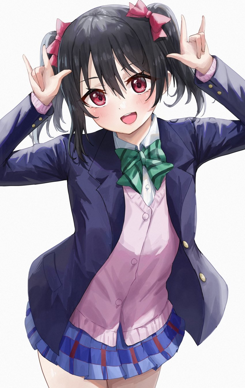 1girl \n/ aftamc black_hair blazer blouse blue_jacket blue_skirt bow bowtie cardigan_vest collared_shirt cowboy_shot double_\n/ green_bow hair_bow hands_up highres jacket looking_at_viewer love_live! love_live!_school_idol_project open_mouth otonokizaka_school_uniform pink_bow pleated_skirt red_eyes school_uniform shirt short_twintails skirt smile solo twintails white_shirt yazawa_nico