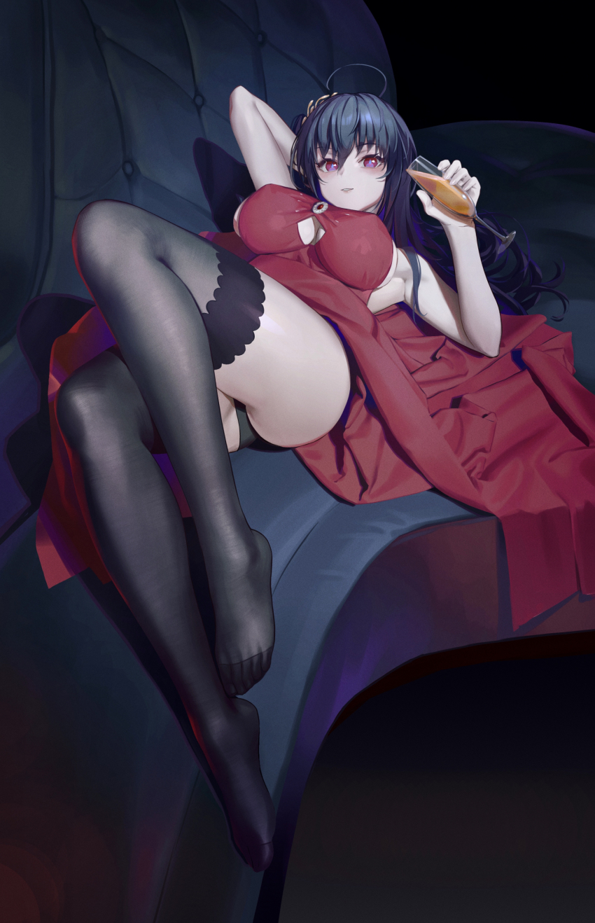 1girl ahoge arm_behind_head arm_up azur_lane bare_arms black_hair black_panties black_thighhighs breasts clothing_cutout couch curly_hair dress drink feet full_body guihuo_inferno hair_between_eyes highres holding holding_drink large_breasts long_hair looking_at_viewer lying on_back on_couch panties parted_lips red_dress red_eyes sleeveless smile solo taihou_(azur_lane) taihou_(forbidden_fruit)_(azur_lane) thighhighs thighs toes underwear