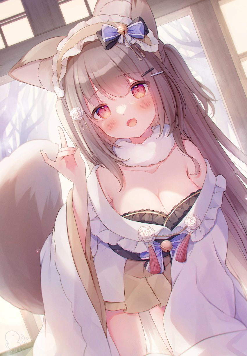 1girl animal_ears bell blush bow breasts cleavage fox_ears fox_tail hair_bell hair_bow hair_ornament hairband highres japanese_clothes kimono large_breasts light_brown_hair long_hair long_sleeves looking_at_viewer omochi_monaka open_mouth original red_eyes skirt tail wide_sleeves