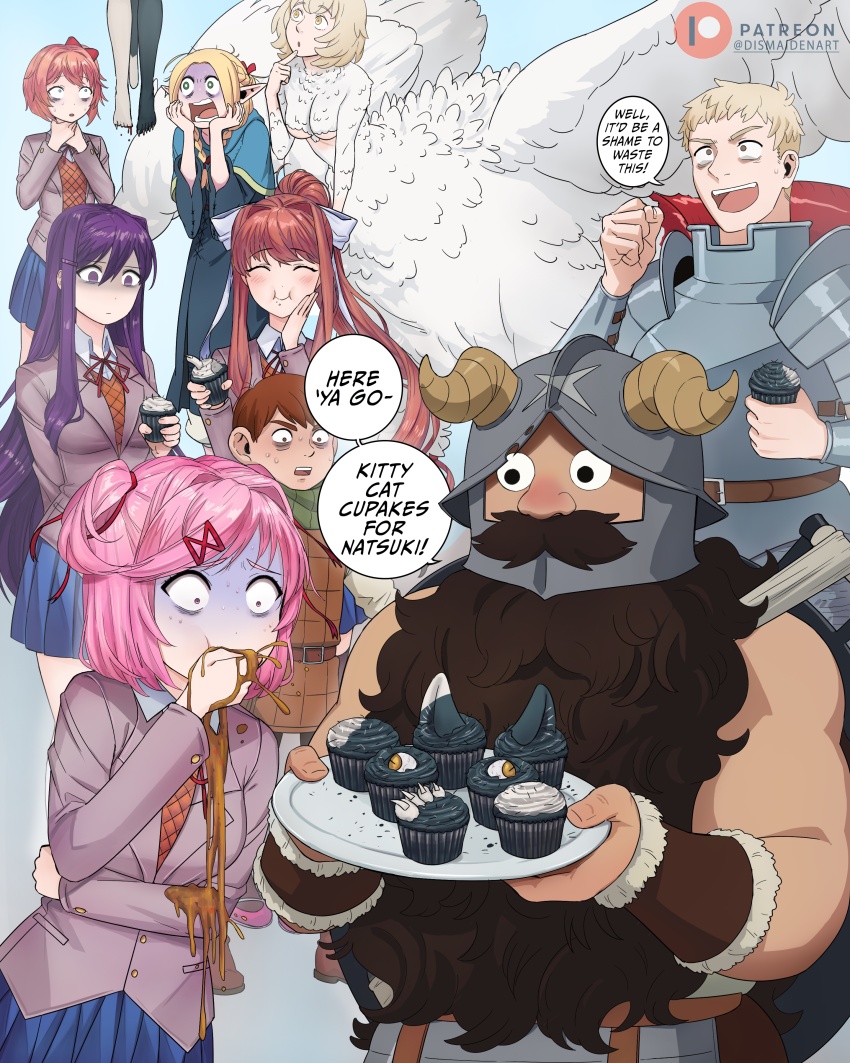 3boys 6+girls absurdres armor beard blazer blonde_hair blue_capelet blue_robe blue_skirt body_fur bow breasts brown_hair brown_jacket capelet cat_girl chilchuck_tims cosplay cupcake dismaiden doki_doki_literature_club dungeon_meshi dwarf elf english_text facial_hair fake_horns falin_touden falin_touden_(chimera) falin_touden_(chimera)_(cosplay) feathers food hair_bow hair_ribbon helmet highres horned_helmet horns implied_suicide izutsumi jacket laios_touden long_beard marcille_donato monika_(doki_doki_literature_club) monster_girl multiple_boys multiple_girls natsuki_(doki_doki_literature_club) neck_ribbon pastry pink_hair pleated_skirt pointy_ears purple_hair red_hair red_ribbon ribbon robe sayori_(doki_doki_literature_club) senshi_(dungeon_meshi) skirt speech_bubble underboob vomiting white_bow white_feathers yuri_(doki_doki_literature_club)