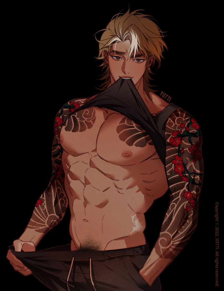 abs artist_name bara bare_pectorals brown_hair clothes_lift floral_print highres looking_at_viewer male_focus muscular muscular_male navel nipples original pants pectoral_cleavage pectorals pubic_hair tattoo yotti