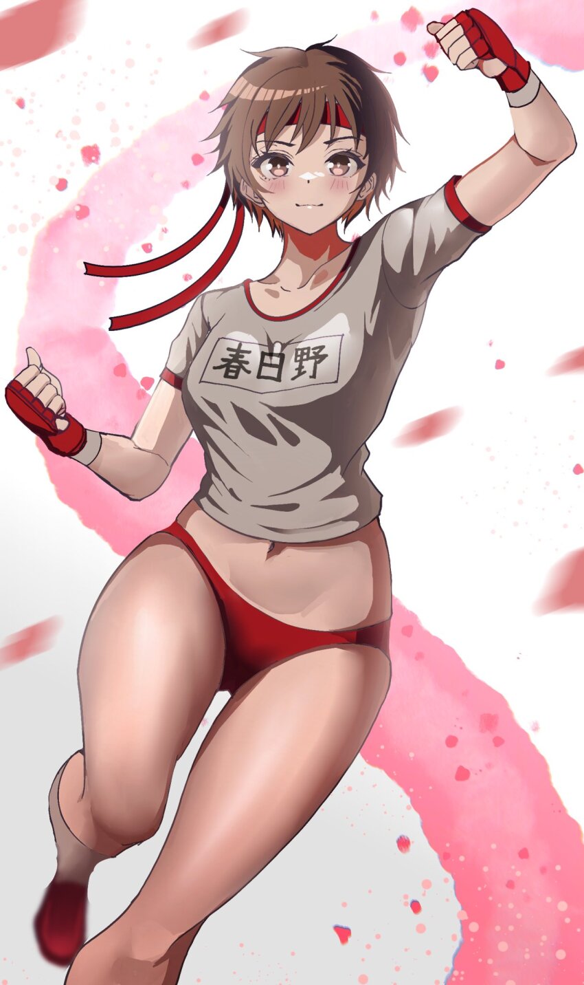 1girl arm_up artist_name blush breasts brown_eyes brown_hair buruma capcom clenched_hands headband highres kasugano_sakura looking_at_viewer medium_breasts midriff navel shirt smile solo source_request sports_uniform sportswear street_fighter