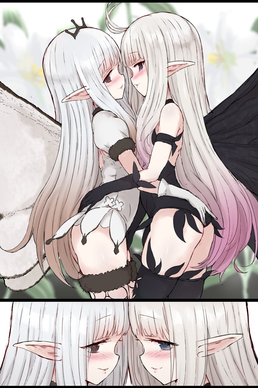 2girls airy_(bravely_default) anne_(bravely_second) antenna_hair ass black_gloves black_leotard black_thighhighs blue_eyes blush boots bravely_default:_brilliant_lights bravely_default:_flying_fairy bravely_default_(series) bravely_second:_end_layer brown_eyes butterfly_wings commission commissioner_upload face-to-face fairy fairy_wings frilled_leotard frills gloves gradient_hair gulp5959 hand_on_another&#039;s_ass hand_on_another&#039;s_thigh highres imminent_kiss insect_wings leotard long_hair multicolored_hair multiple_girls pink_hair pointy_ears skeb_commission smile thigh_boots thighhighs thighs white_gloves white_hair white_leotard wings yuri