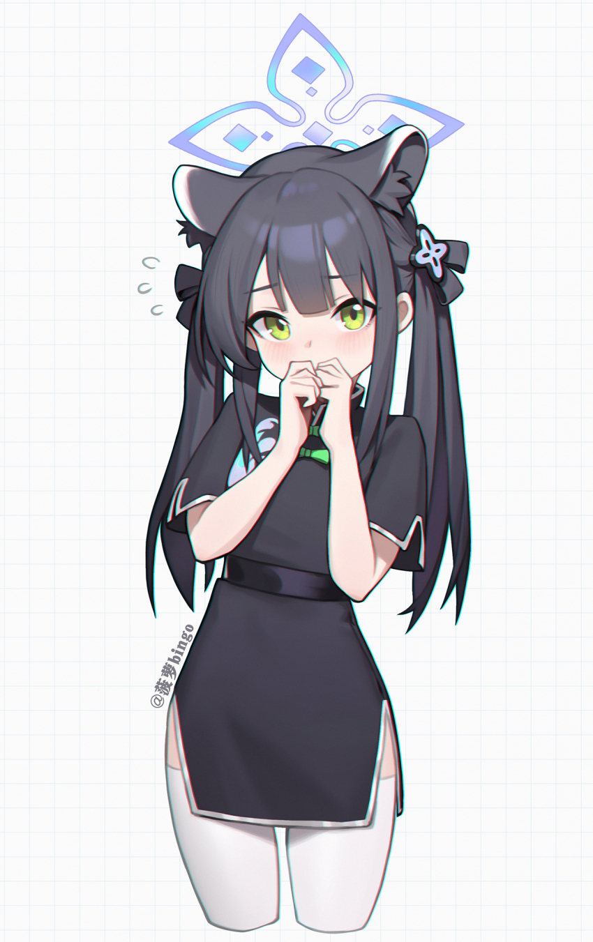 1girl animal_ear_fluff animal_ears black_hair blue_archive blue_halo blush china_dress chinese_clothes covering_own_mouth dress flying_sweatdrops green_eyes halo highres long_hair looking_at_viewer ribbon short_sleeves shun_(blue_archive) shun_(small)_(blue_archive) sleepy_cn solo thighhighs tiger_ears tiger_girl twintails white_thighhighs