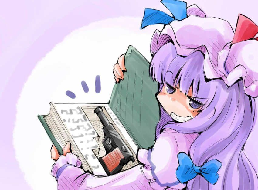 1girl book evil_grin evil_smile female_focus grin gun hair_ribbon hat long_hair patchouli_knowledge purple_eyes purple_hair ribbon shinapuu smile solo touhou weapon