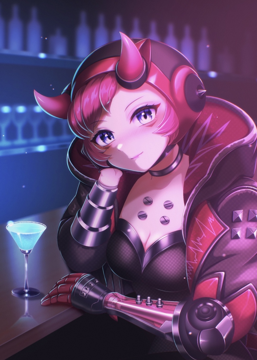 1girl animification apex_legends black_headwear black_jacket black_leotard blush breasts choker cleavage cocktail_glass cup cyber_punked_wattson drinking_glass grey_choker hand_on_own_cheek hand_on_own_face head_tilt highres hood hood_down hooded_jacket horns jacket leotard looking_at_viewer mechanical_arms medium_breasts milmil7 official_alternate_costume pink_hair short_hair single_mechanical_arm smile solo wattson_(apex_legends)