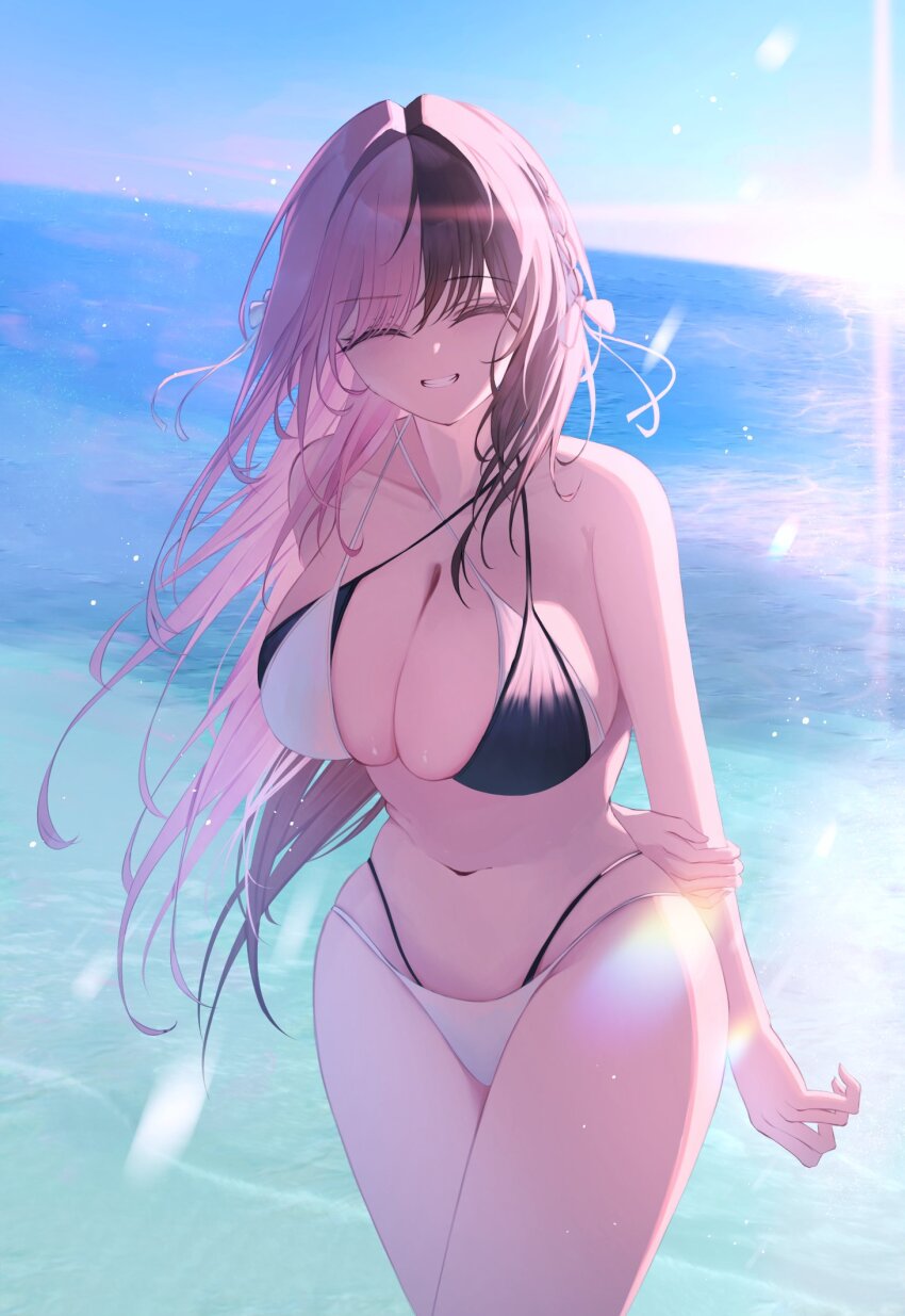 1girl bikini black_bikini breasts closed_eyes collarbone criss-cross_strings haru_(haru83380282) highres large_breasts multicolored_hair navel ocean pink_hair smile solo split-color_hair swimsuit tachibana_hinano_(vtuber) virtual_youtuber vspo! water white_bikini