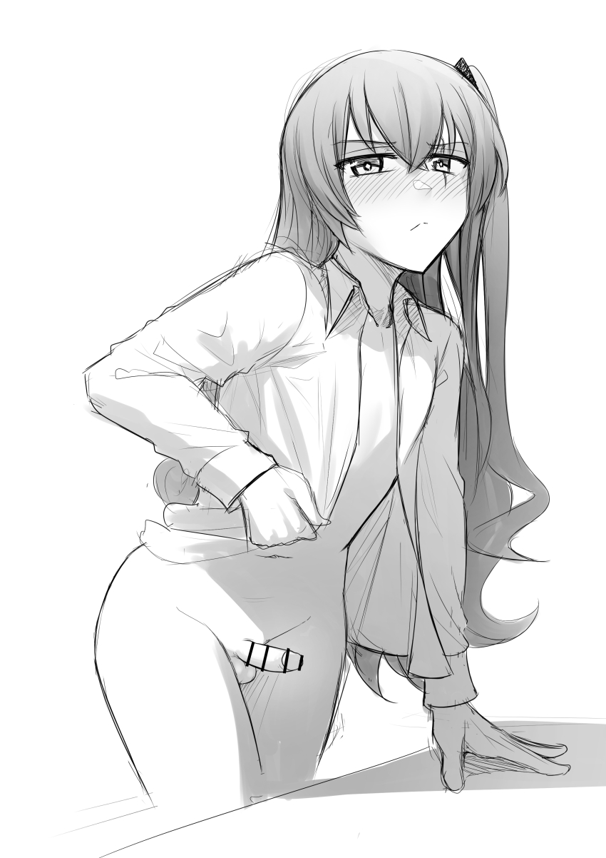 1boy absurdres arm_support bar_censor blush bottomless censored collarbone collared_shirt cowboy_shot crossed_bangs dress_shirt frown genderswap genderswap_(ftm) girls&#039;_frontline greyscale hair_between_eyes highres long_hair long_sleeves looking_at_viewer male_focus monochrome navel nose_blush number-only_commentary one_side_up open_clothes open_shirt penis senpaihawkkun shirt simple_background sketch solo standing stomach trap ump45_(girls&#039;_frontline) white_background