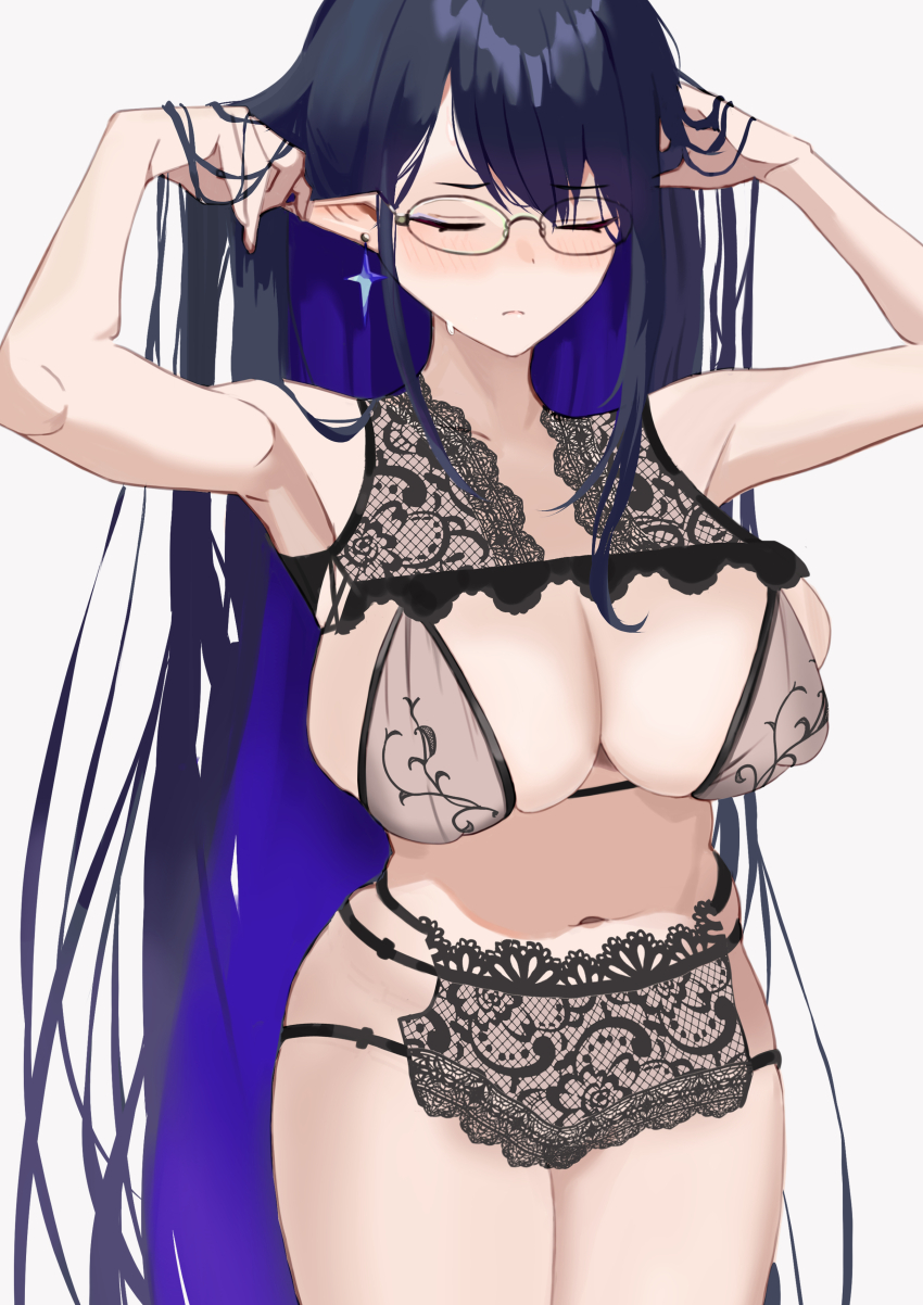 1girl absurdres black_bra black_hair black_panties blue_archive blush bra breasts chikoku cleavage closed_mouth colored_inner_hair earrings glasses grey_background hands_in_hair highres holding holding_own_hair jewelry lace_trim large_breasts lingerie long_hair multicolored_hair panties pointy_ears purple_hair rin_(blue_archive) simple_background solo sweat underwear very_long_hair white_background