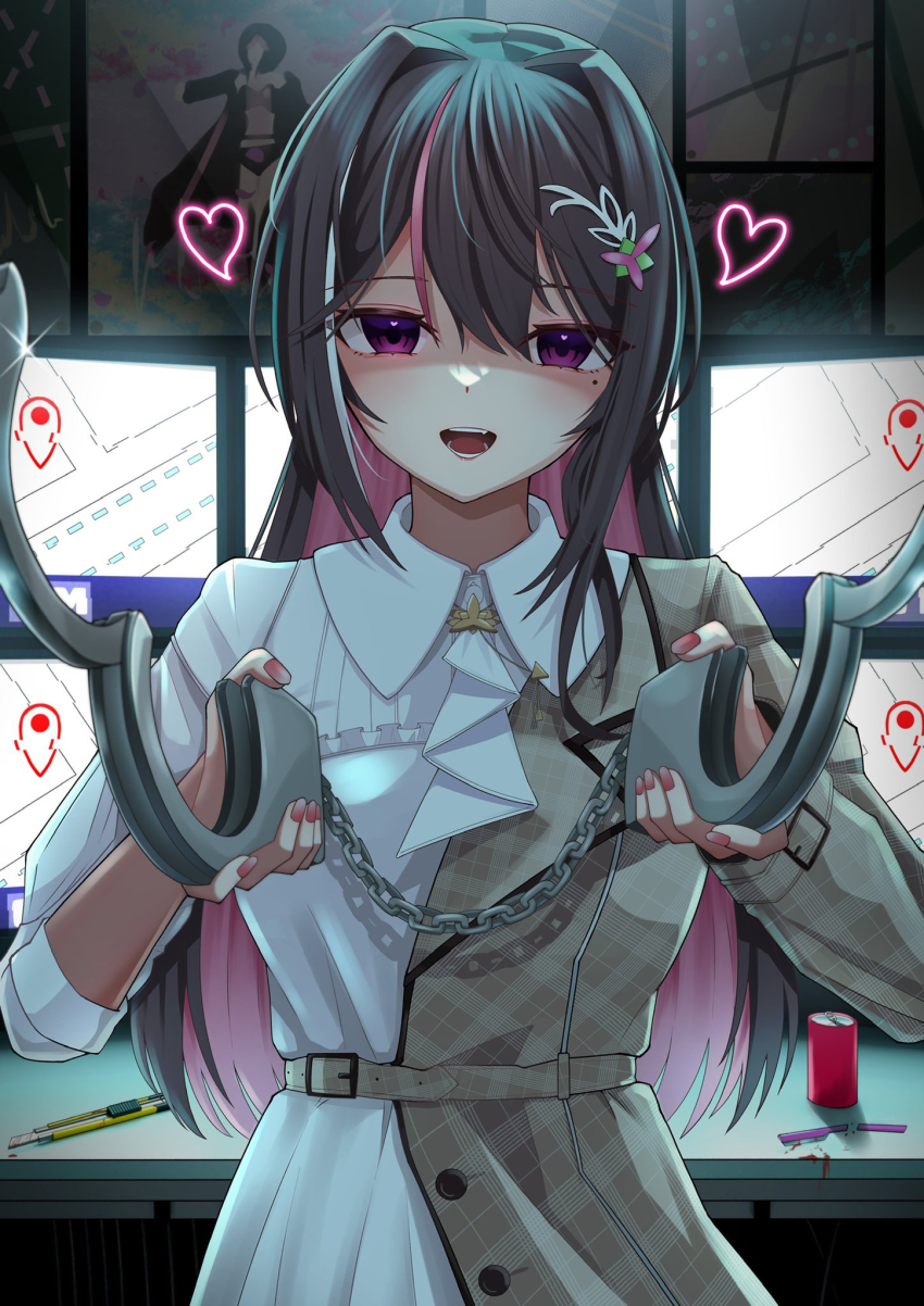 1girl azki_(4th_costume)_(hololive) azki_(hololive) boxcutter brown_hair collared_dress colored_inner_hair commentary_request cuffs dress geoguessr hair_intakes handcuffs heart highres hiiragi_melt holding holding_handcuffs hololive long_hair long_sleeves looking_at_viewer mole mole_under_eye monitor multicolored_hair multiple_monitors official_alternate_costume open_mouth pink_hair purple_eyes shackles solo straight-on streaked_hair upper_body virtual_youtuber white_dress white_hair yandere