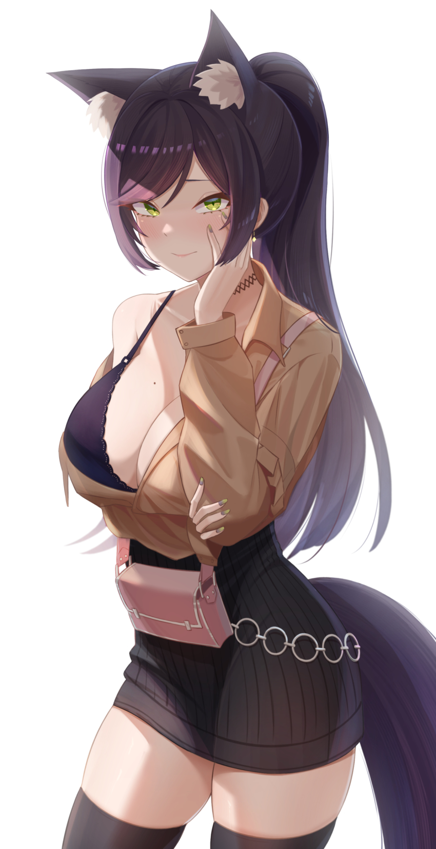 1girl animal_ear_fluff animal_ears bag black_bra black_choker black_hair black_skirt black_thighhighs blush bra breasts brown_jacket can_zhu choker cleavage closed_mouth clothing_cutout collarbone commentary_request cowboy_shot earrings fox_ears fox_girl fox_tail green_eyes hand_on_own_cheek hand_on_own_face high-waist_skirt highres jacket jewelry large_breasts long_sleeves looking_at_viewer meridian_project mole mole_on_breast nail_polish nose_blush off_shoulder open_clothes open_jacket ponytail seki_(vtuber) shoulder_bag sidelocks simple_background single_bare_shoulder skirt smile solo striped_clothes striped_skirt swept_bangs tail tail_through_clothes thighhighs underwear vertical-striped_clothes vertical-striped_skirt virtual_youtuber white_background zettai_ryouiki