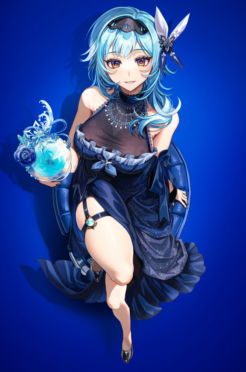 1girl absurdres alternate_costume armpit_crease bare_shoulders black_footwear black_hairband blue_background blue_dress blue_hair blue_nails breasts clenched_teeth cup dress eula_(genshin_impact) flower from_above genshin_impact grey_flower grey_rose hair_ornament hairband highres holding holding_cup large_breasts looking_at_viewer medium_hair on_chair open_mouth revision rose shibuki_kamone side_slit sitting solo teeth thigh_strap thighs variant_set vision_(genshin_impact) yellow_eyes