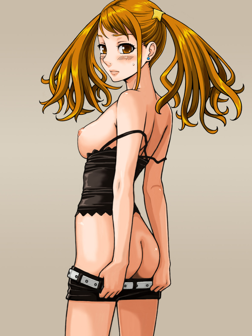 10s 1girl anjou_naruko ano_hi_mita_hana_no_namae_wo_bokutachi_wa_mada_shiranai. ass belt blush breasts brown_eyes brown_hair butt_crack clothes_pull covered_erect_nipples elenab female_focus highres large_breasts long_hair nipples no_panties orange_hair pulling_own_clothes shorts shorts_pull solo strap_slip twintails