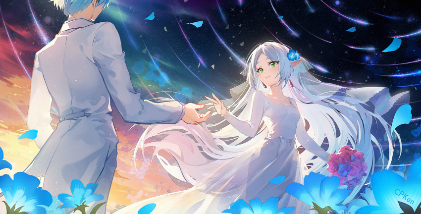 1boy 1girl alternate_costume artist_name blue_hair blue_petals bouquet cat_princess closed_mouth cloud collarbone cowboy_shot dress earrings elf flower formal_clothes frieren hair_flower hair_ornament himmel_(sousou_no_frieren) holding holding_bouquet jewelry long_hair looking_at_another outdoors parted_bangs pointy_ears short_hair sky smile sousou_no_frieren standing suit wedding_dress white_dress white_suit