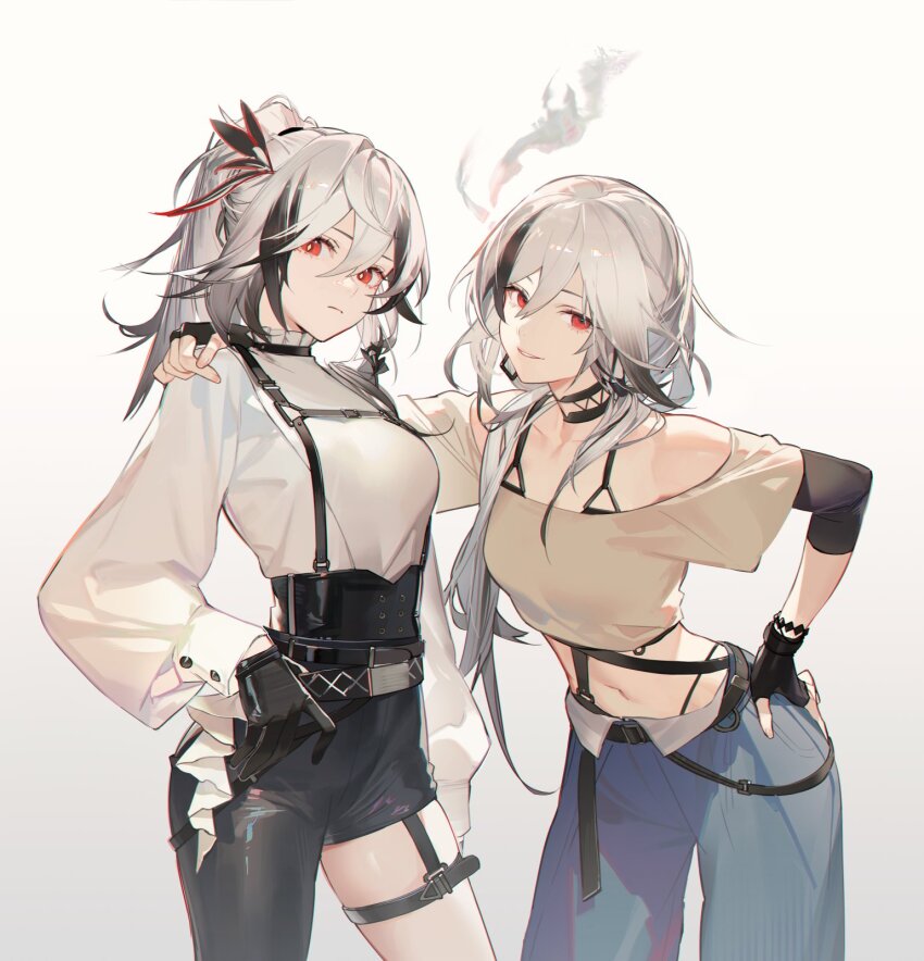 2girls black_gloves black_hair character_request check_character closed_mouth collarbone cowboy_shot fingerless_gloves fingernails fu_hua fu_hua_(crane_of_taixuan) fu_hua_(garuda) gloves gradient_background hair_between_eyes hand_on_another&#039;s_shoulder hand_on_own_hip highres honkai_(series) honkai_impact_3rd long_hair looking_at_viewer multicolored_hair multiple_girls navel o0oherb ponytail red_eyes serious sidelocks smile standing streaked_hair two-tone_hair white_hair