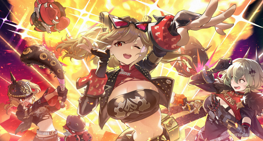 4girls absurdres artist_name baseball_bat belt black_belt black_gloves black_helmet black_jacket blonde_hair breasts brown_eyes burnice_white caesar_king_(zenless_zone_zero) cleavage closed_eyes couch crop_top explosion eyewear_on_head fingerless_gloves floating_hair fur-trimmed_jacket fur_trim gloves grayfair green_hair hair_between_eyes half_gloves helmet highres holding holding_baseball_bat jacket large_breasts long_hair looking_at_another looking_at_viewer luciana_de_montefio midriff multiple_girls on_couch one_eye_closed open_clothes open_jacket open_mouth pig piper_wheel red-tinted_eyewear red_eyes sidelocks sleeping smile spiked_belt sunglasses teeth tinted_eyewear upper_body upper_teeth_only zenless_zone_zero