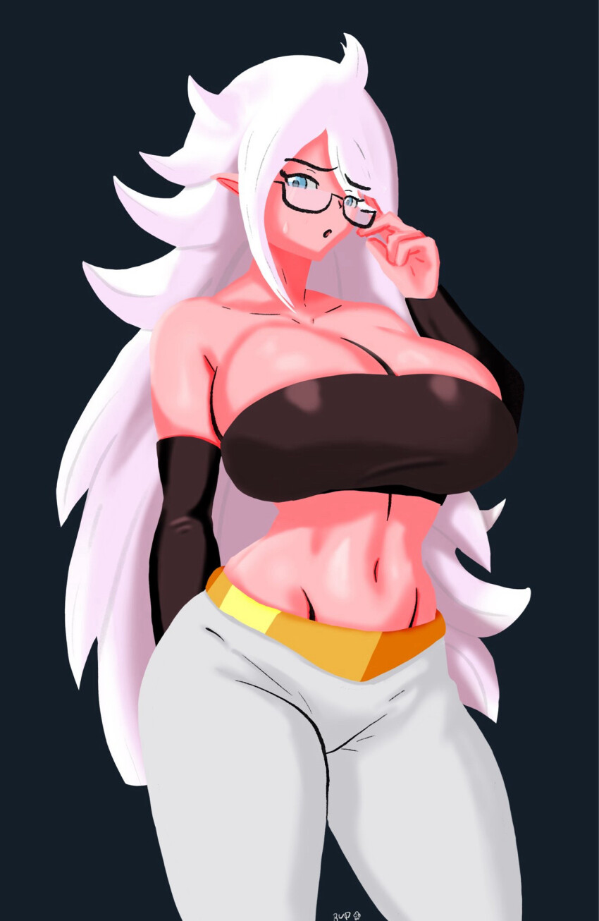 1girl android_21 bare_shoulders blue_eyes breasts cleavage colored_skin curvy detached_sleeves dragon_ball dragon_ball_fighterz female_focus glasses highres huge_breasts long_hair looking_at_viewer majin_android_21 midriff navel pink_skin pointy_ears rodgewp solo strapless sweatdrop tube_top white_hair