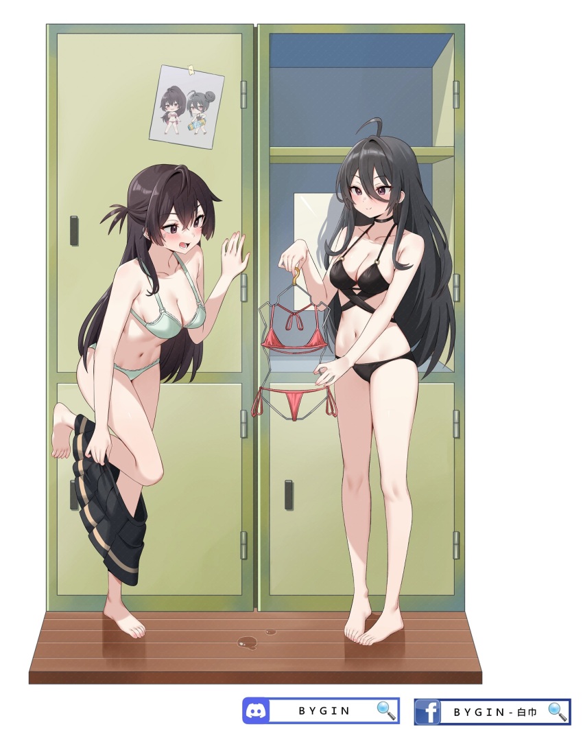 2girls :d ahoge aqua_bra aqua_panties barefoot bikini black_bikini black_choker black_hair black_skirt blush bra breasts brown_hair bygin choker cleavage closed_mouth clothes_hanger clothes_pull discord_username facebook_username hair_between_eyes highres holding holding_clothes_hanger kimishima_ayano locker long_hair medium_breasts multiple_girls open_mouth panties red_bikini shadow skirt skirt_pull smile standing standing_on_one_leg suou_yuki swimsuit toes tokidoki_bosotto_roshia-go_de_dereru_tonari_no_alya-san underwear undressing unworn_bikini