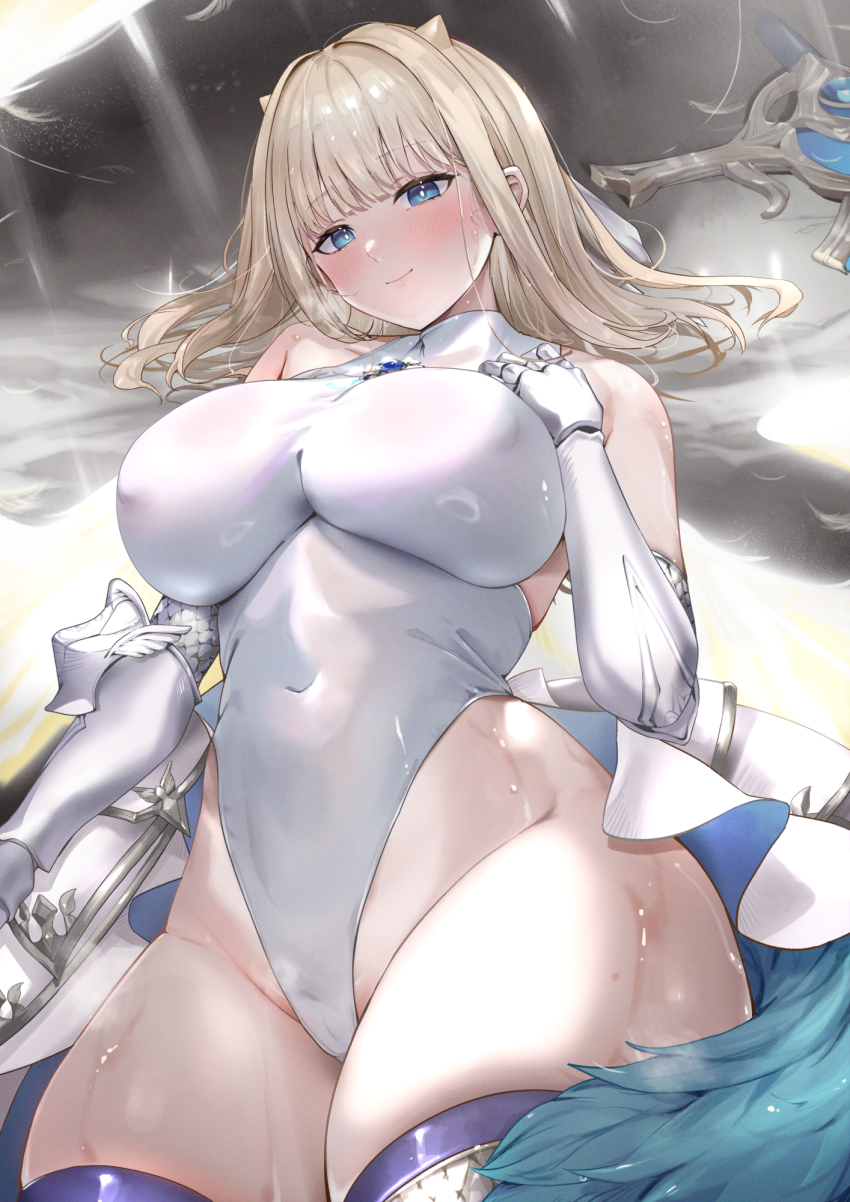 1girl armored_skirt blonde_hair blue_eyes blue_gemstone blush breasts brown_dust_(series) brown_dust_2 closed_mouth covered_navel curvy eyebrows_hidden_by_hair feet_out_of_frame gauntlets gem groin hand_on_own_chest haowei_wu highleg highleg_leotard highres justia_(brown_dust) large_breasts leotard looking_at_viewer medium_hair skin_tight small_horns smile solo sweat thick_thighs thighs white_leotard wide_hips