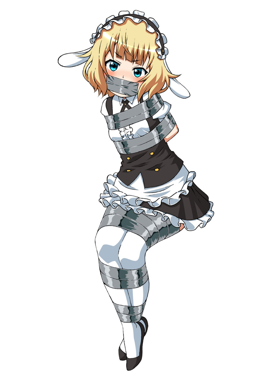 1girl apron arms_behind_back bdsm blonde_hair blue_eyes blush bondage bound bound_ankles bound_arms bound_legs bound_torso breast_bondage daikinbakuju gag gagged gochuumon_wa_usagi_desu_ka? highres improvised_gag kirima_syaro looking_at_viewer maid maid_apron maid_headdress skirt tape tape_bondage tape_gag