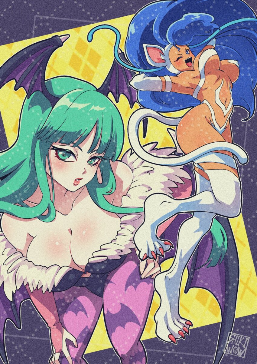 2girls animal_ears animal_hands bat_wings blue_eyes blue_hair breasts cat_ears cat_tail cleavage dark-skinned_female dark_skin darkstalkers felicia_(darkstalkers) green_eyes green_hair large_breasts lips long_hair looking_at_viewer morrigan_aensland multiple_girls one_eye_closed shikiwo standing standing_on_one_leg tail teeth upper_teeth_only very_long_hair white_fur wings wink