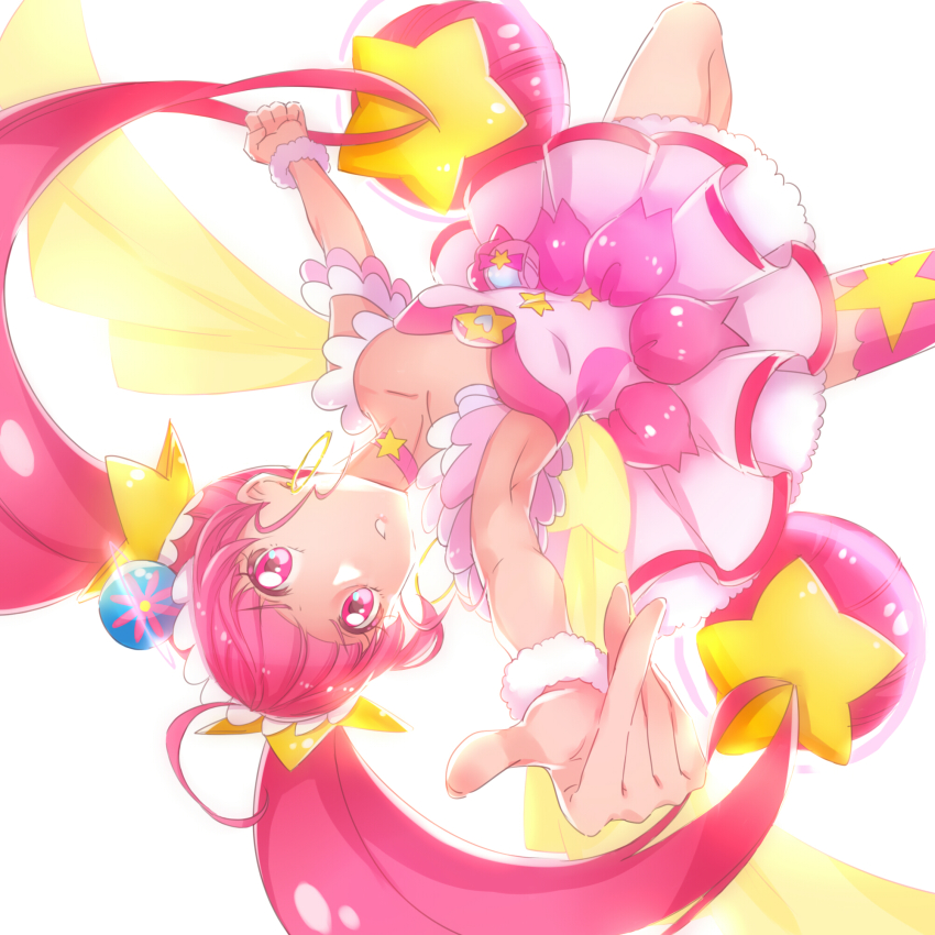 1girl back_bow backlighting bare_arms blunt_bangs bow choker cure_star dress hair_ornament highres hoshina_hikaru long_hair looking_at_viewer magical_girl nijigami_rin petticoat pink_choker pink_dress pink_eyes pink_hair pink_thighhighs precure short_dress simple_background single_thighhigh solo star_(symbol) star_choker star_hair_ornament star_twinkle_precure thighhighs twintails upside-down white_background wrist_cuffs yellow_bow