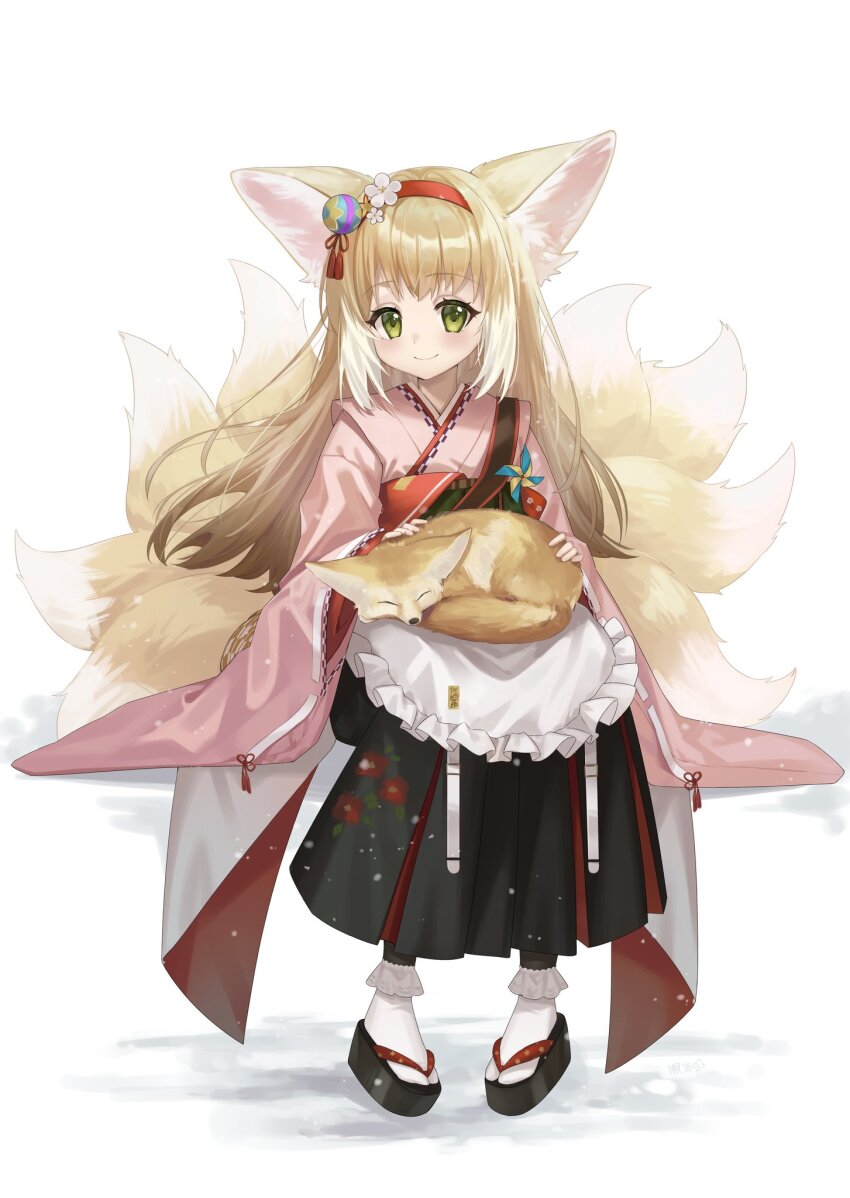 1girl animal animal_ears animal_on_lap ankle_socks apron arknights black_skirt blonde_hair closed_mouth flower fox frilled_apron frilled_socks frills full_body green_eyes grey_hair grey_tail hair_flower hair_ornament hairband hashtag-only_commentary highres japanese_clothes kimono long_hair long_sleeves looking_at_viewer multicolored_hair multiple_tails official_alternate_costume okobo on_lap pink_kimono red_hairband sandals shinkai_kokoa simple_background sitting skirt smile socks solo streaked_hair suzuran_(arknights) suzuran_(yukibare)_(arknights) tabi tail tassel waist_apron white_apron white_background white_flower white_socks wide_sleeves yellow_tail