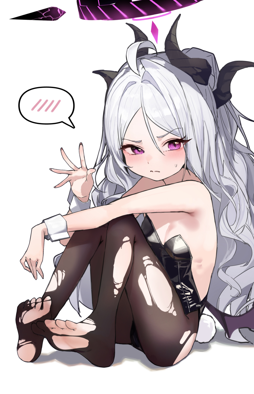 1girl absurdres alternate_costume bare_shoulders black_horns blue_archive blush breasts closed_mouth demon_girl demon_horns demon_wings full_body grey_hair hair_ornament halo highres hina_(blue_archive) horns leotard long_hair looking_at_viewer low_wings mamo_(user_jjca7524) multiple_horns no_shoes pantyhose playboy_bunny purple_eyes simple_background small_breasts solo speech_bubble spoken_blush torn_clothes torn_pantyhose very_long_hair white_background wings