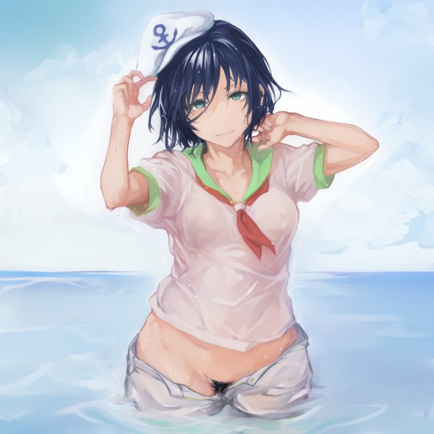 1girl anchor_symbol aqua_eyes arms_up black_hair blue_sky breasts commentary_request cowboy_shot day female_focus female_pubic_hair green_sailor_collar hat highres looking_at_viewer murasa_minamitsu neckerchief nuppehofu_(nibuta) open_fly outdoors plump pubic_hair red_neckerchief sailor_collar sailor_hat sailor_shirt shirt short_hair shorts sky small_breasts smile solo standing touhou wading water wet wet_clothes wet_shirt white_hat white_shirt white_shorts