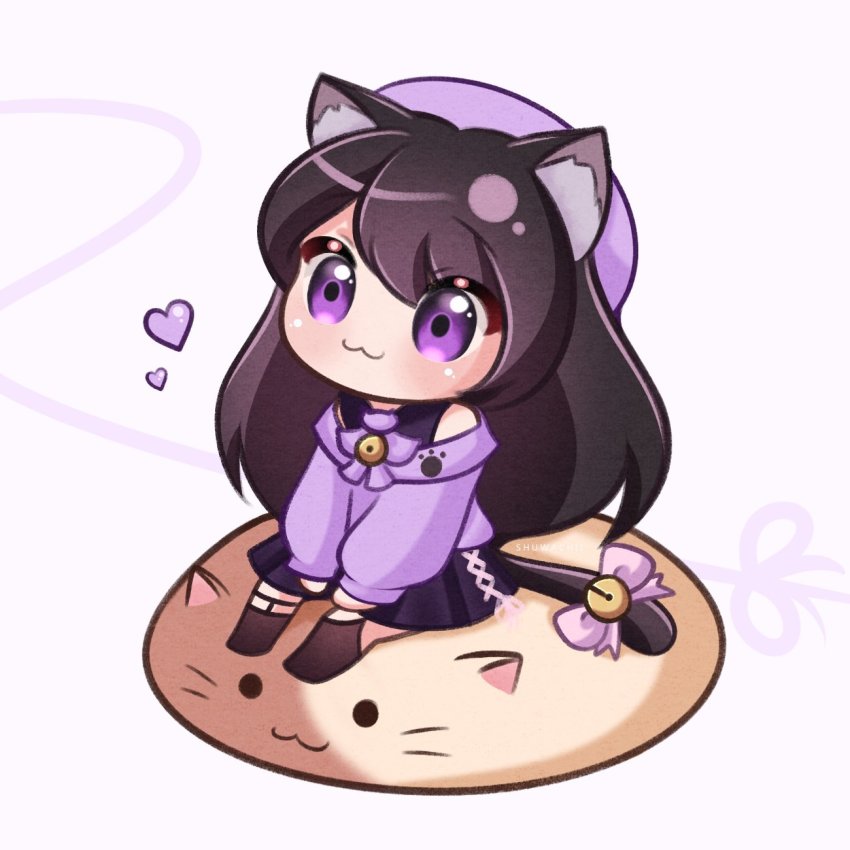 1girl :3 animal_ear_fluff animal_ears beret black_skirt blush cat_ears cat_girl cat_tail chibi commentary english_commentary hat heart highres indie_virtual_youtuber off_shoulder purple_eyes purple_hat purple_sweater shimotsuki_miri shuwachii sitting skirt smile solo sweater tail virtual_youtuber