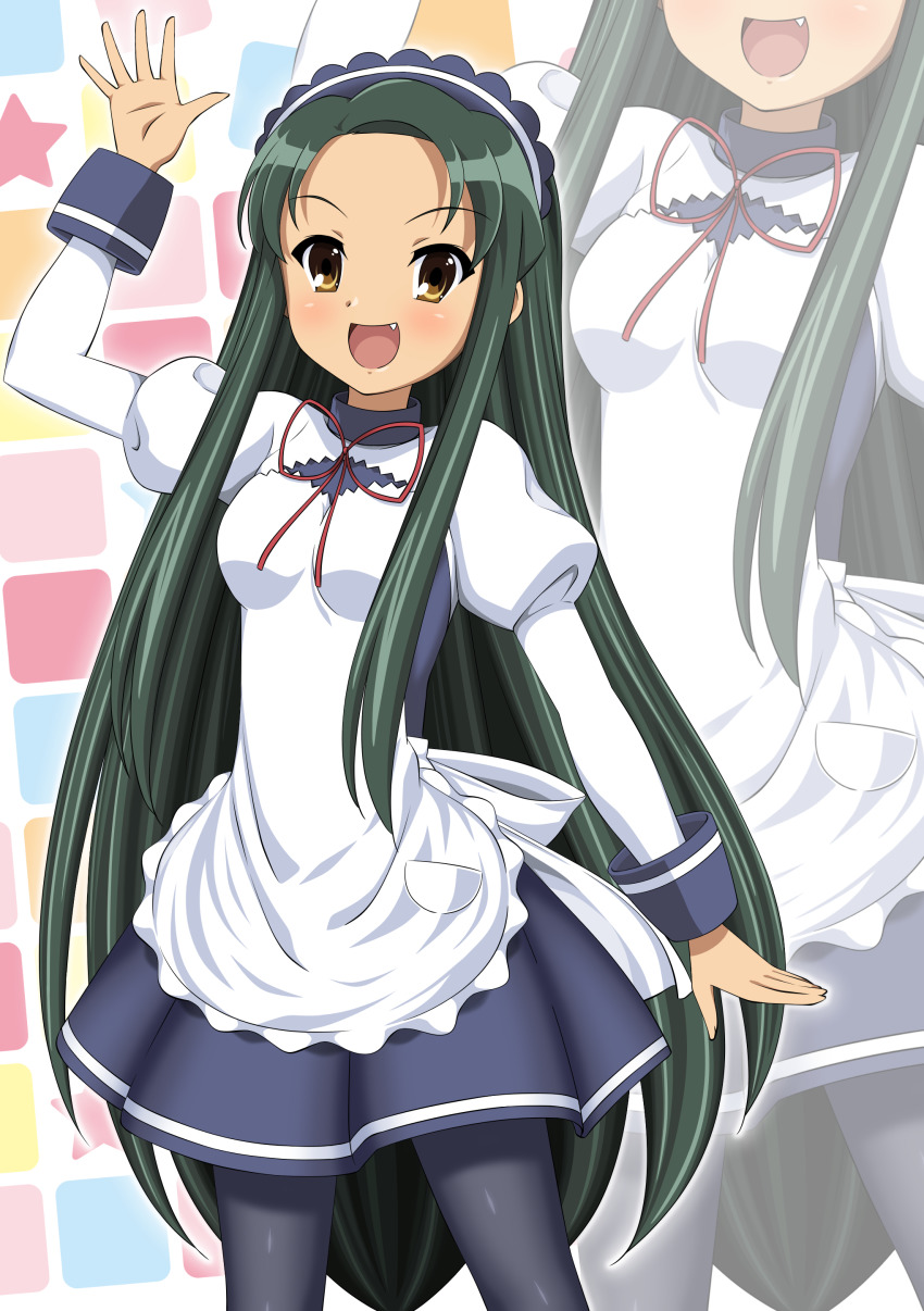 1girl :d absurdres apron arm_up black_pantyhose brown_eyes commentary_request fang forehead green_hair gurobeya highres long_hair long_sleeves looking_at_viewer maid official_alternate_costume open_mouth pantyhose puffy_long_sleeves puffy_sleeves red_ribbon ribbon smile solo suzumiya_haruhi_no_yuuutsu tsuruya very_long_hair waitress waving white_apron zoom_layer