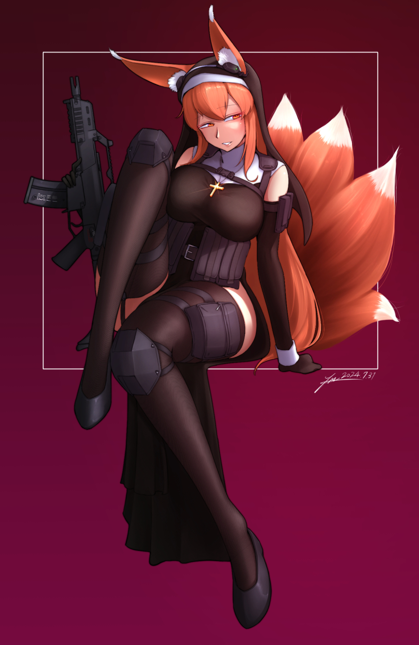 1girl animal_ears artist_name breasts commentary commission cross cross_necklace dated detached_sleeves english_commentary fox_ears fox_girl fox_tail full_body gun h&amp;k_g36c habit highres jewelry knee_pads large_breasts long_hair looking_to_the_side multiple_tails necklace nun orange_eyes orange_hair original parted_lips rifle signature smile tactical_clothes tail weapon yimie10