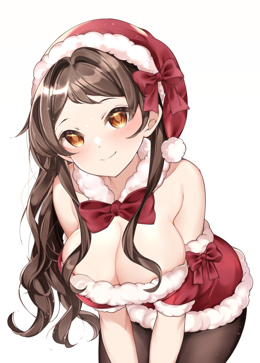 1girl absurdres black_pantyhose blush bow bowtie breasts brown_hair cleavage detached_collar dress fur-trimmed_dress fur_trim hat highres idolmaster idolmaster_million_live! kitazawa_shiho large_breasts leaning_forward long_hair looking_at_viewer mou_niu off-shoulder_dress off_shoulder pantyhose red_bow red_bowtie red_dress santa_costume santa_hat smile solo very_long_hair wavy_hair