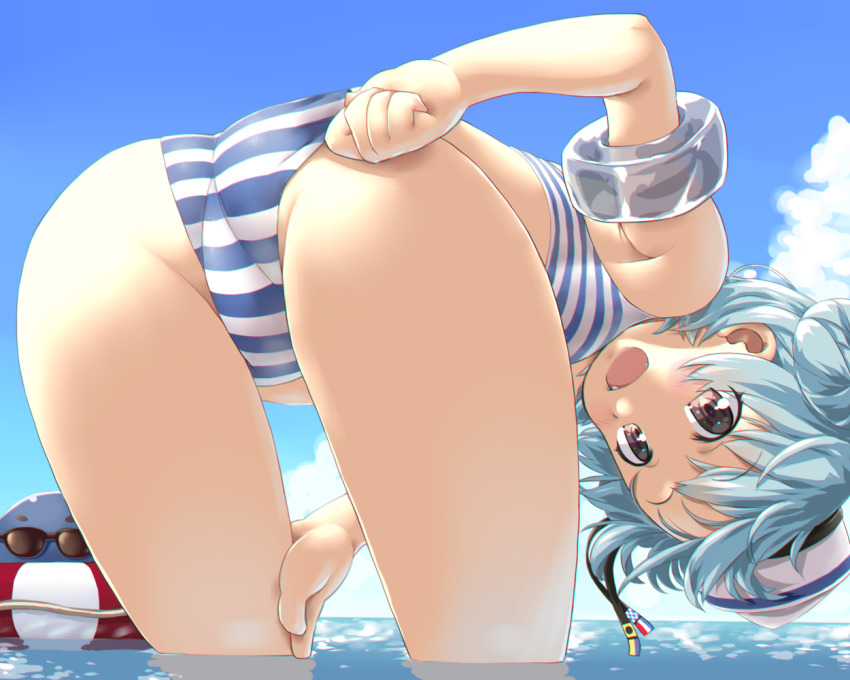 1girl adjusting_clothes adjusting_swimsuit ass bare_shoulders bent_over bikini black_ribbon blue_hair blue_sky blush breasts brown_eyes clothes_pull cloud collarbone commentary_request day dd_(ijigendd) dixie_cup_hat double_bun fangs floating from_behind hair_between_eyes hair_bun hat hat_ribbon holding kantai_collection leaning_forward lifebuoy little_blue_whale_(kancolle) looking_at_viewer looking_back military_hat ocean one-piece_swimsuit_pull open_mouth outdoors ribbon samuel_b._roberts_(kancolle) samuel_b._roberts_(swimsuit_mode)_(kancolle) short_hair sky small_breasts solo standing striped swim_ring swimsuit thighs wading yellow_eyes