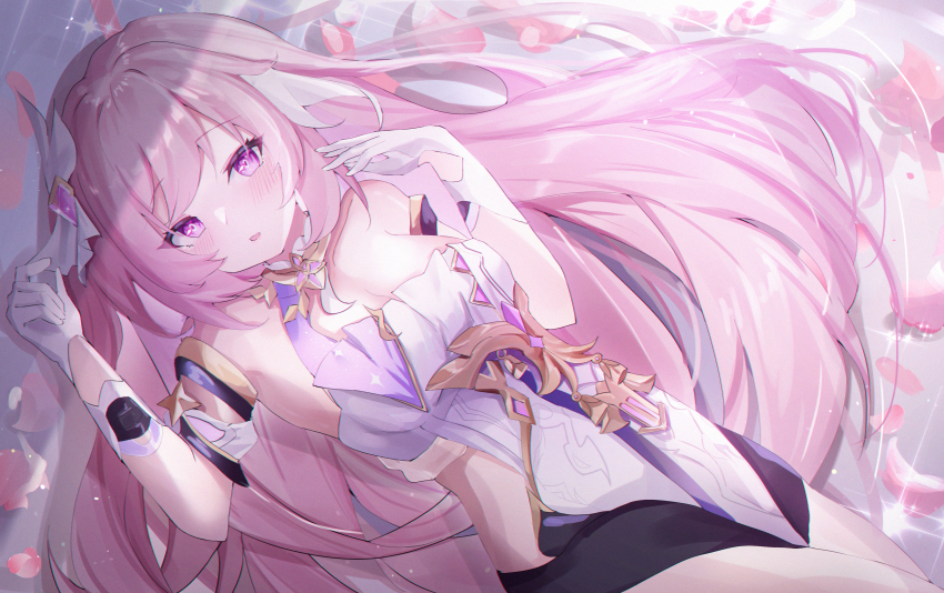 1girl absurdres bare_shoulders black_shorts breasts cleavage clothing_cutout corset diamond-shaped_pupils diamond_(shape) elysia_(herrscher_of_human:_ego)_(honkai_impact) elysia_(honkai_impact) falling_petals gloves hair_ornament highres honkai_(series) honkai_impact_3rd large_breasts long_hair looking_at_viewer lying multicolored_hair on_back parted_lips petals pink_hair purple_eyes shorts side_cutout symbol-shaped_pupils thighs two-tone_hair usagi_(786113654) very_long_hair white_corset white_gloves white_hair