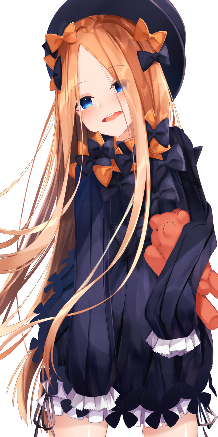 1girl :d abigail_williams_(fate) absurdres black_bow black_dress black_hat blonde_hair bloomers blue_eyes bow bug butterfly commentary_request dress eyes_visible_through_hair fate/grand_order fate_(series) forehead hair_bow hat head_tilt highres hugging_object insect long_hair long_sleeves open_mouth orange_bow parted_bangs simple_background sleeves_past_fingers sleeves_past_wrists smile solo standing stuffed_animal stuffed_toy suisen-21 teddy_bear teeth underwear upper_teeth_only very_long_hair white_background white_bloomers