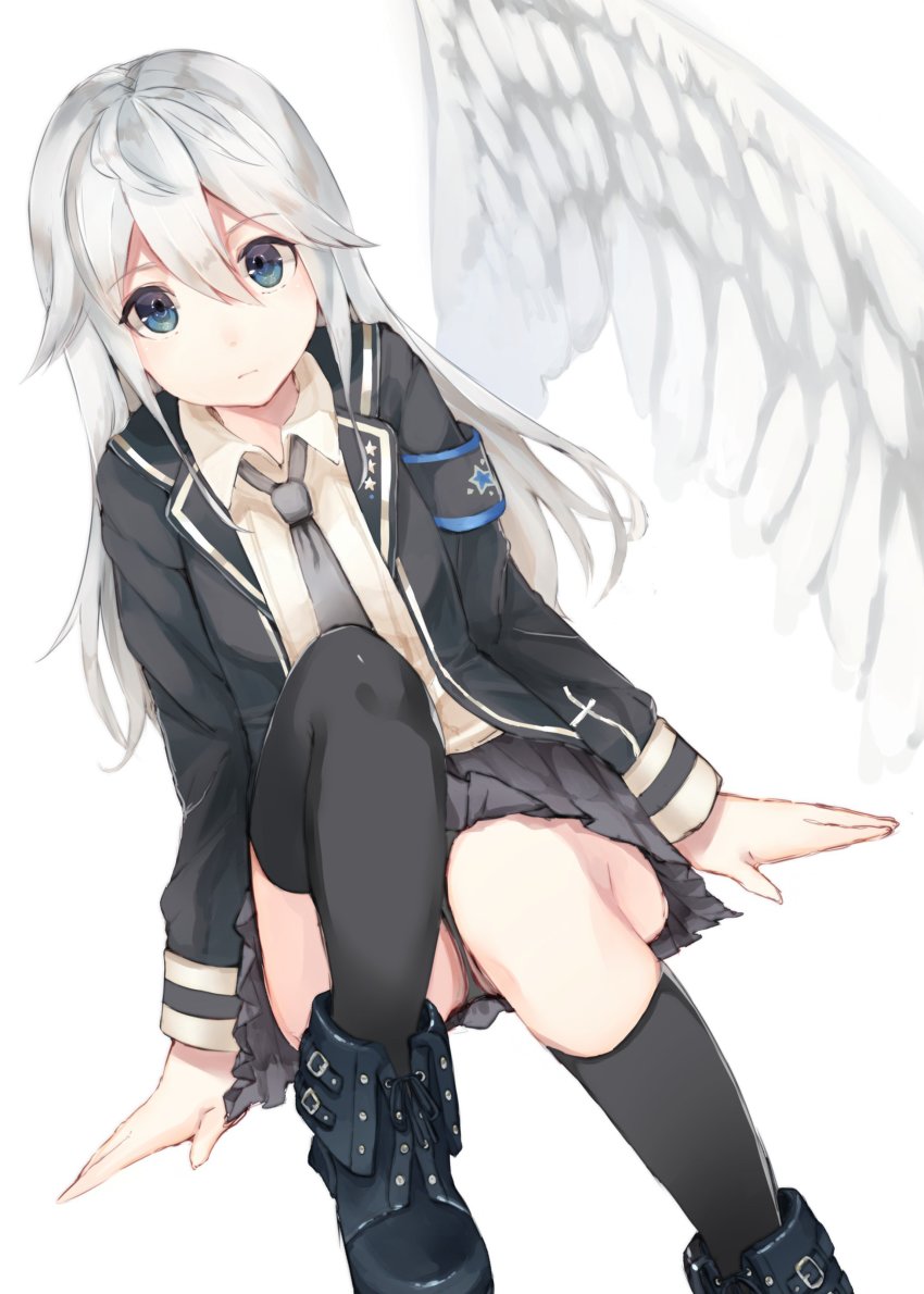 1girl absurdres angel_wings armband black_skirt black_socks blue_eyes female_focus grey_necktie highres kneehighs long_hair looking_at_viewer necktie original sencha_(senta_10) silver_hair skirt socks solo stella_quartzheart wings