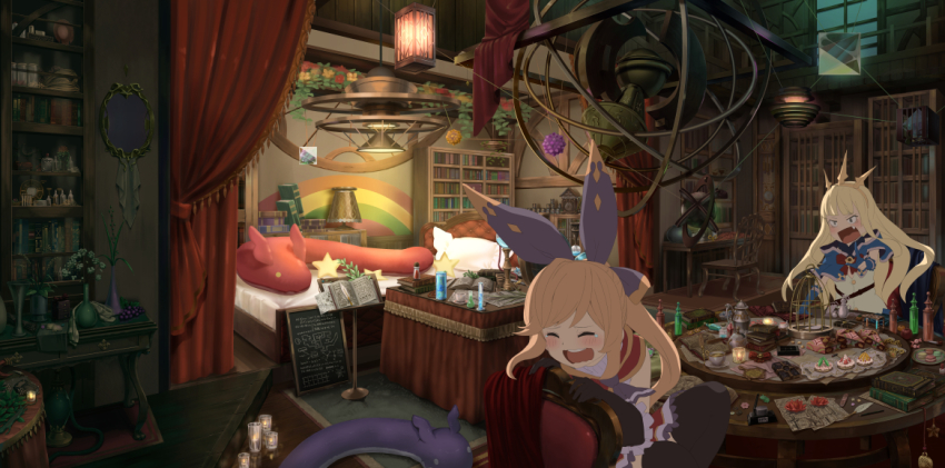 2girls bed birdcage blonde_hair blue_eyes bookshelf brown_hair cage cagliostro_(granblue_fantasy) cape clarisse_(granblue_fantasy) cup dark closed_eyes fang fang_out flower_pot gloves granblue_fantasy hair_ribbon indoors light light_brown_hair multiple_girls o_(rakkasei) ouroboros_(granblue_fantasy) plant ponytail ribbon scenery table teacup teapot tearing_up test_tube tiara turtleneck wavy_mouth