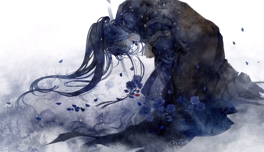 2boys black_hair blood blood_splatter blue_flower blue_hair blue_hanfu blue_petals chinese_clothes closed_eyes closed_mouth coughing coughing_blood covered_mouth covering_own_mouth different_reflection facial_mark falling_petals flower flower_over_mouth from_side full_body hair_between_eyes hand_over_own_mouth hanfu head_down high_ponytail highres jian_wuji jinguang_budaixi kneeling long_hair long_sleeves male_focus multicolored_hair multiple_boys petals planted planted_sword planted_weapon ponytail reflection ren_piaomiao solo_focus sword weapon yu_yu_huadiao