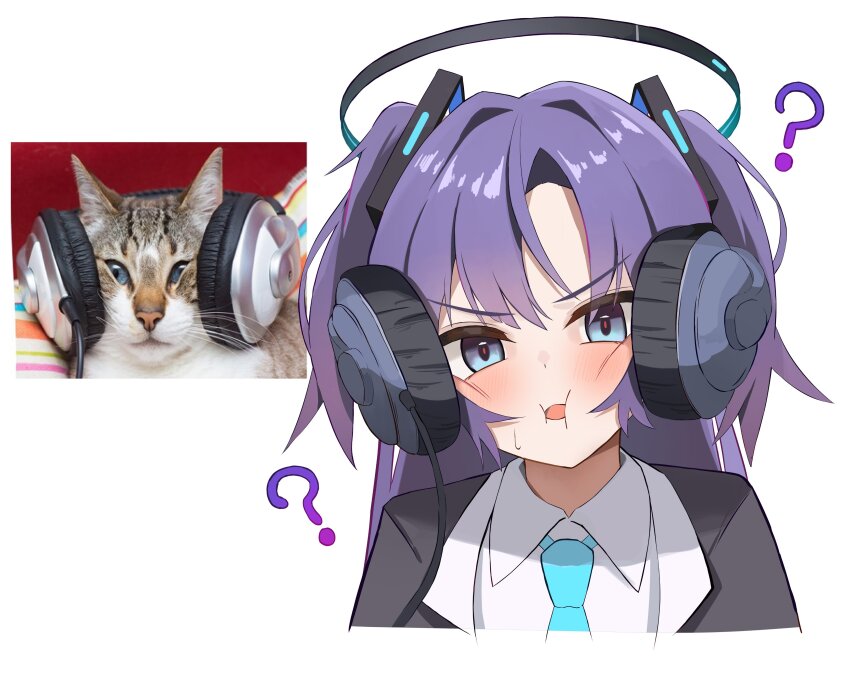 1girl ? absurdres aipa black_halo black_jacket blue_archive blue_eyes blue_necktie blush collared_shirt commentary_request cropped_torso hair_intakes hair_ornament halo headphone_cat_(meme) headphones highres jacket long_hair looking_at_viewer meme necktie photo-referenced photo_inset purple_hair reference_inset shirt simple_background solo sweatdrop two_side_up v-shaped_eyebrows white_background white_shirt yuuka_(blue_archive)